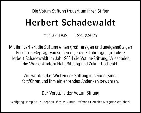 Traueranzeige von Herbert Schadewaldt von Wiesbadener Kurier