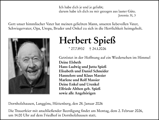 Traueranzeige von Herbert Spieß von Wetzlarer Neue Zeitung