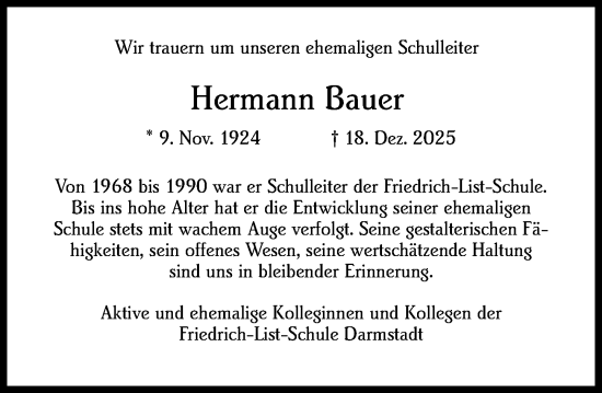 Traueranzeige von Hermann Bauer von Darmstädter Echo