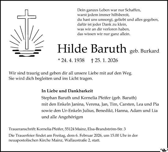 Traueranzeige von Hilde Baruth von Allgemeine Zeitung Mainz