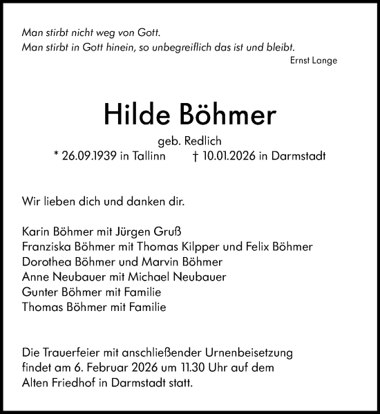 Traueranzeige von Hilde Böhmer von Darmstädter Echo