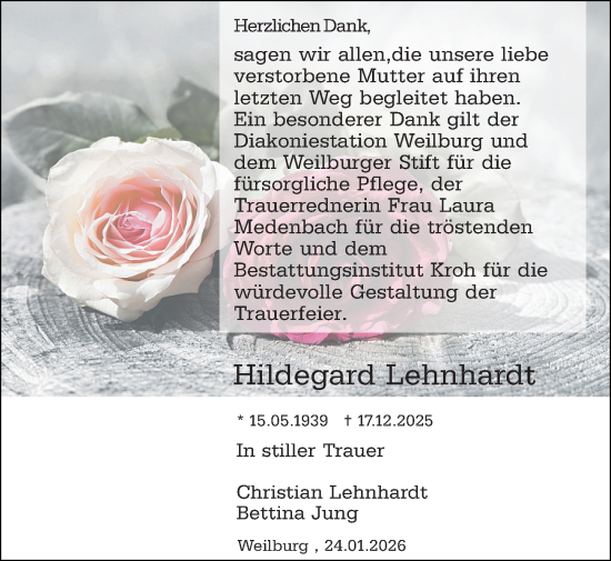 Traueranzeige von Hildegard Lehnhardt von Weilburger Tageblatt