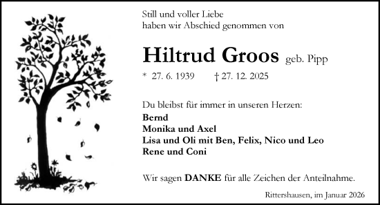 Traueranzeige von Hiltrud Groos von Dill Block