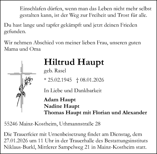 Traueranzeige von Hiltrud Haupt von Allgemeine Zeitung Mainz