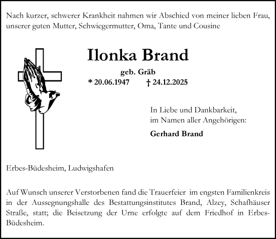 Traueranzeige von Ilonka Brand von Allgemeine Zeitung Alzey