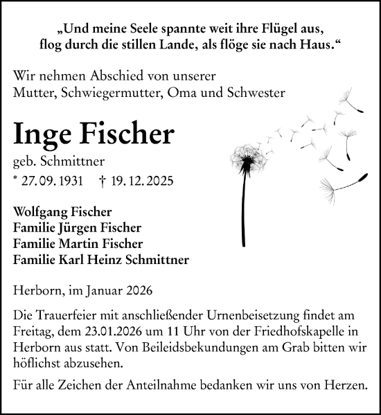 Traueranzeige von Inge Fischer von Dill Block
