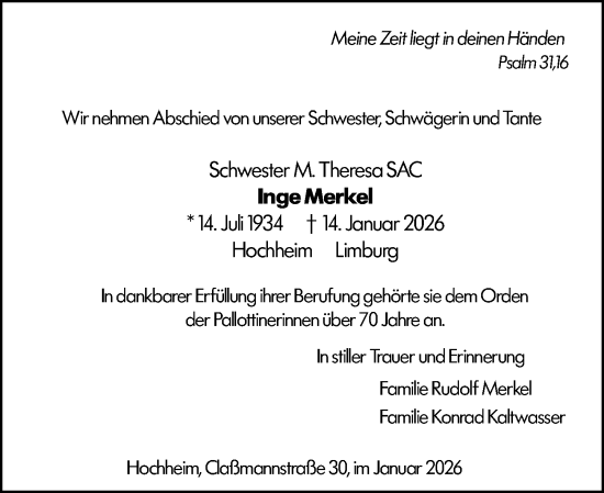 Traueranzeige von Inge Merkel von Hochheimer Zeitung