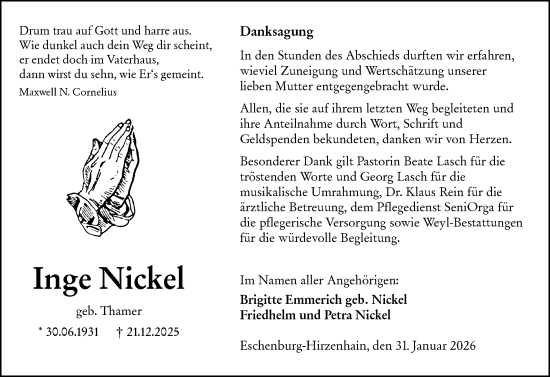 Traueranzeige von Inge Nickel von Dill Block