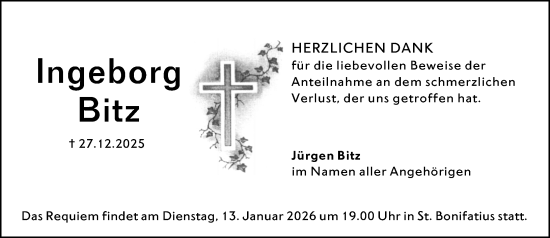 Traueranzeige von Ingeborg Bitz von Hochheimer Zeitung