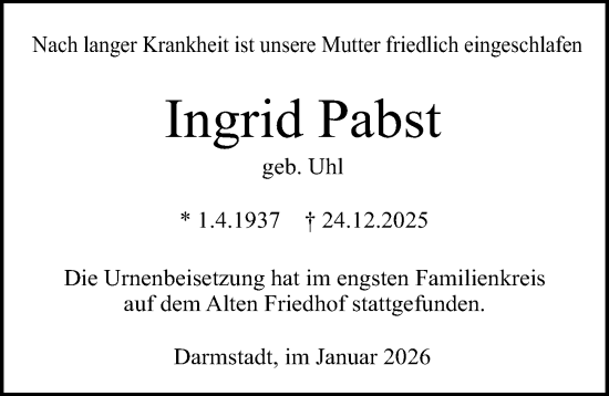 Traueranzeige von Ingrid Pabst von Darmstädter Echo