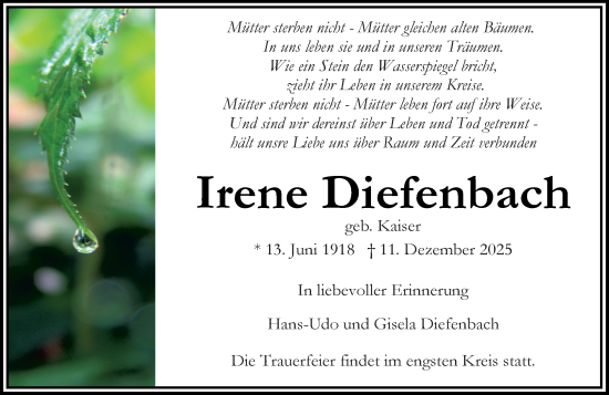 Traueranzeige von Irene Diefenbach von Wiesbadener Kurier