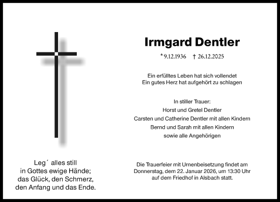 Traueranzeige von Irmgard Dentler von Darmstädter Echo