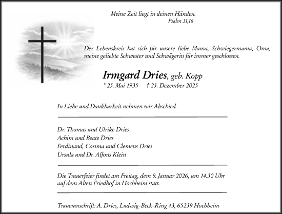 Traueranzeige von Irmgard Dries von Hochheimer Zeitung