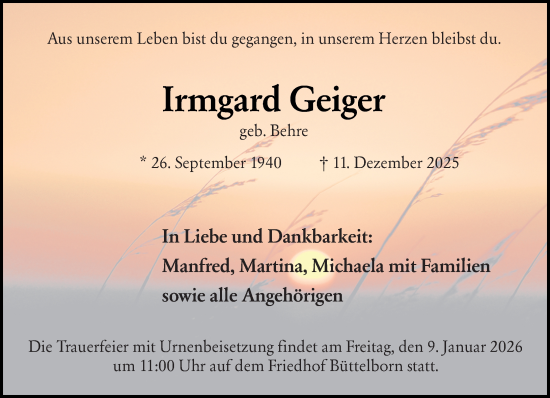 Traueranzeige von Irmgard Geiger von Groß-Gerauer Echo