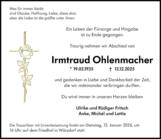 Traueranzeige von Irmtraud Ohlenmacher von Idsteiner Land/Untertaunus