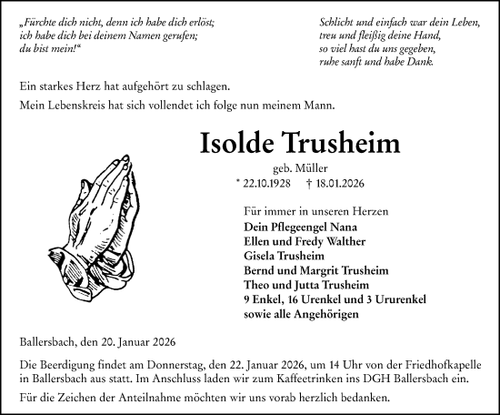 Traueranzeige von Isolde Trusheim von Dill Block