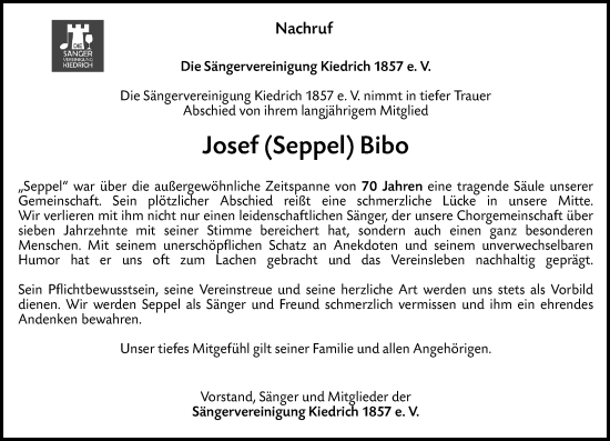 Traueranzeige von Josef Bibo von Rheingau Kurier