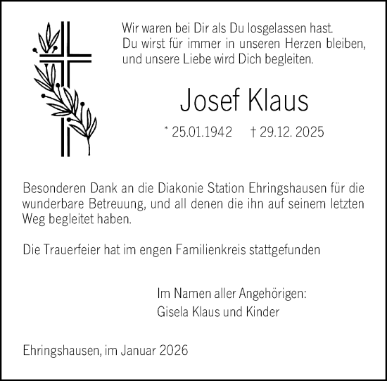 Traueranzeige von Josef Klaus von Wetzlarer Neue Zeitung