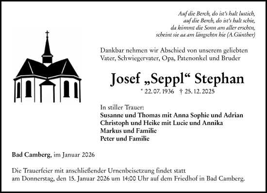 Traueranzeige von Josef Stephan von Camberger Anzeiger