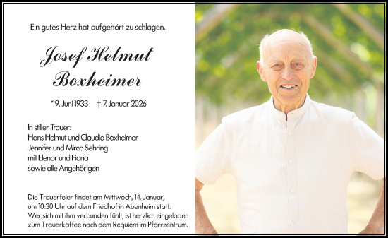 Traueranzeige von Josef Helmut Boxheimer von Allgemeine Zeitung Alzey