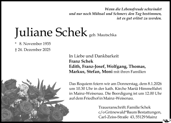 Traueranzeige von Juliane Schek von Allgemeine Zeitung Mainz