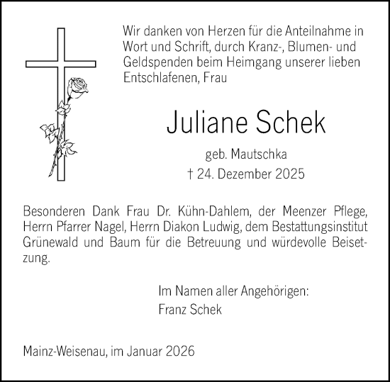 Traueranzeige von Juliane Schek von Allgemeine Zeitung Mainz