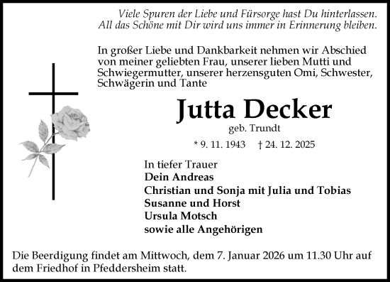 Traueranzeige von Jutta Decker von Wormser Zeitung