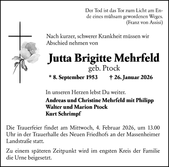 Traueranzeige von Jutta Brigitte Mehrfeld von Hochheimer Zeitung