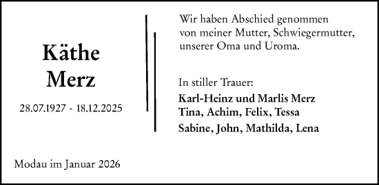 Traueranzeige von Käthe Merz von Darmstädter Echo