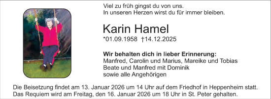 Traueranzeige von Karin Hamel von Starkenburger Echo