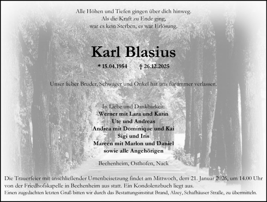 Traueranzeige von Karl Blasius von Allgemeine Zeitung Alzey