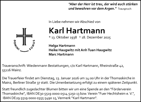 Traueranzeige von Karl Hartmann von Allgemeine Zeitung Mainz