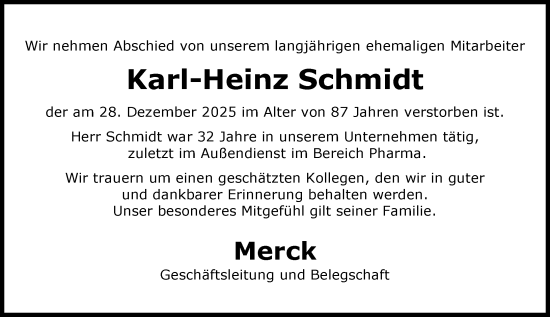 Traueranzeige von Karl-Heinz Schmidt von Darmstädter Echo