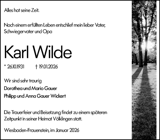 Traueranzeige von Karl Wilde von Wiesbadener Kurier