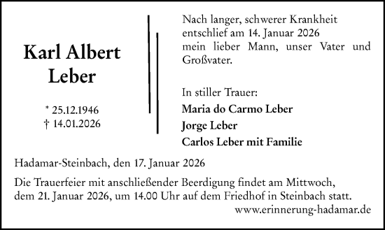 Traueranzeige von Karl Albert Leber von Nassauische Neue Presse