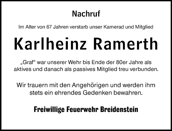 Traueranzeige von Karlheinz Ramerth von Hinterländer Anzeiger