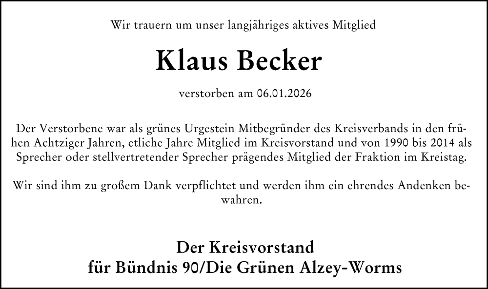  Traueranzeige für Klaus Becker vom 17.01.2026 aus Allgemeine Zeitung Alzey