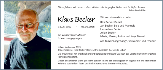 Traueranzeige von Klaus Becker von Allgemeine Zeitung Alzey