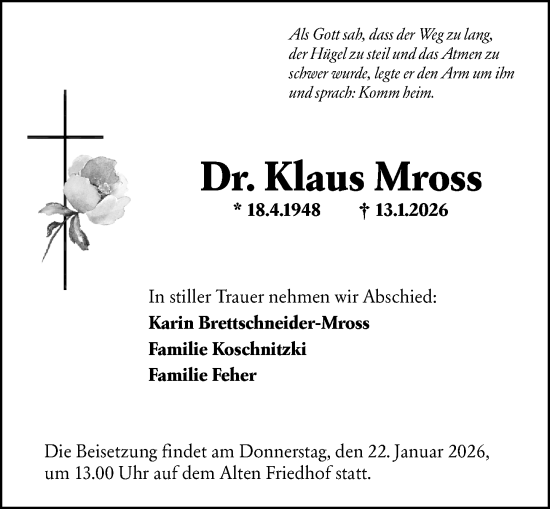 Traueranzeige von Klaus Mross von Hochheimer Zeitung