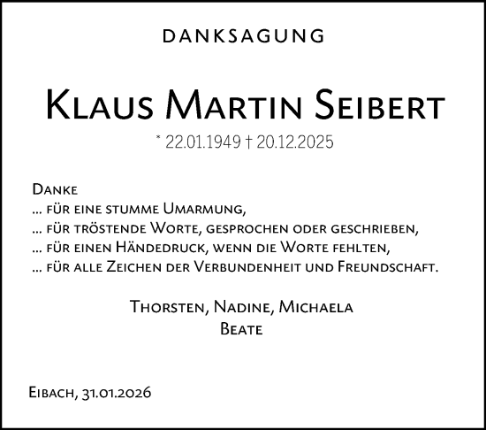 Traueranzeige von Klaus Martin Seibert von Dill Block