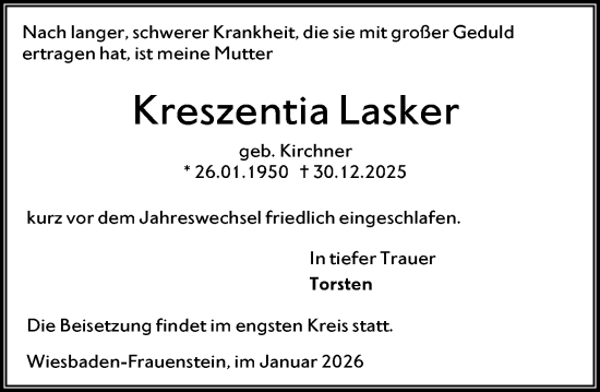 Traueranzeige von Kreszentia Lasker von Wiesbadener Kurier