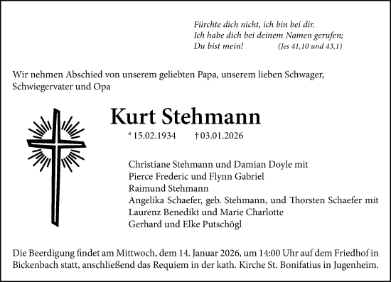 Traueranzeige von Kurt Stehmann von Darmstädter Echo