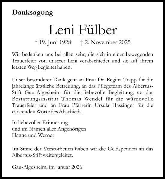 Traueranzeige von Leni Fülber von Allgemeine Zeitung Rheinhessen-Nahe