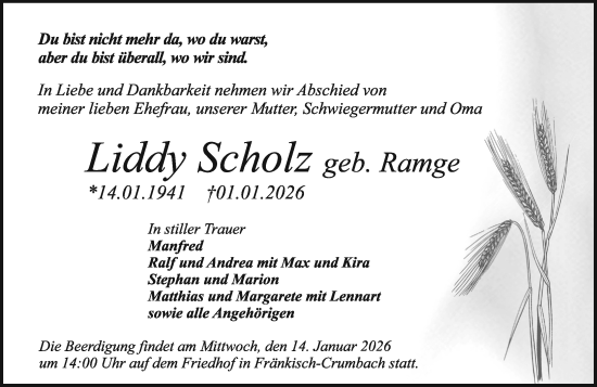 Traueranzeige von Liddy Scholz von Odenwälder Echo