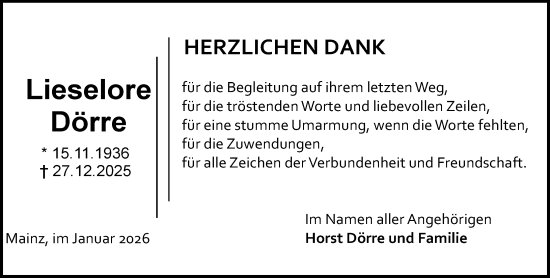 Traueranzeige von Lieselore Dörre von Allgemeine Zeitung Mainz