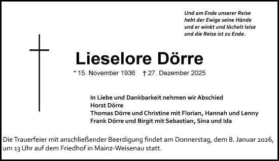 Traueranzeige von Lieselore Dörre von Allgemeine Zeitung Mainz