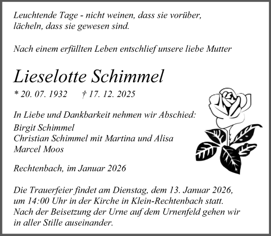 Traueranzeige von Lieselotte Schimmel von Wetzlarer Neue Zeitung