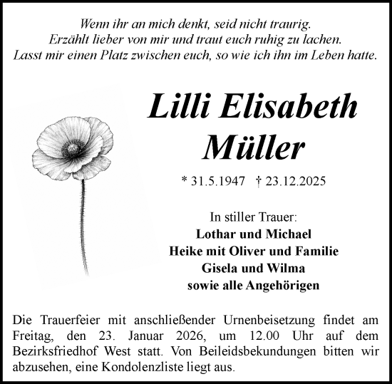 Traueranzeige von Lilli Elisabeth Müller von Allgemeine Zeitung Mainz