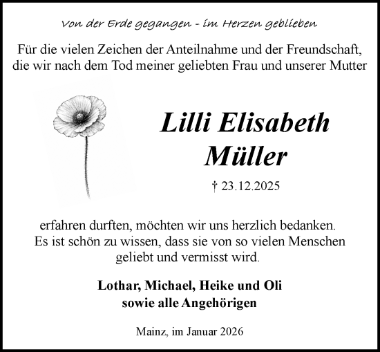 Traueranzeige von Lilli Elisabeth Müller von Allgemeine Zeitung Mainz