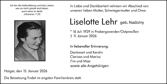 Traueranzeige von Liselotte Lehr von Dill Block
